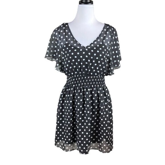 As U Wish Black And White Polkadot Flutter Sleeve Dress, Size S - Picture 1 of 7